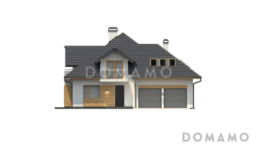 Проект классического одноэтажного мансардного дома из кирпича с дополнительной спальней на первом этаже, с тремя балконами и гаражом на два автомобиля / Фасад 1