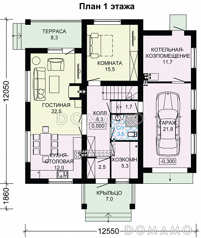 Проект небольшого дома с гаражом / План 1 этажа