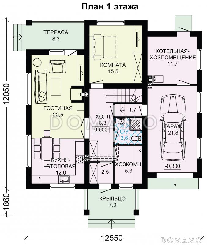 Проект небольшого дома с гаражом / План 1 этажа