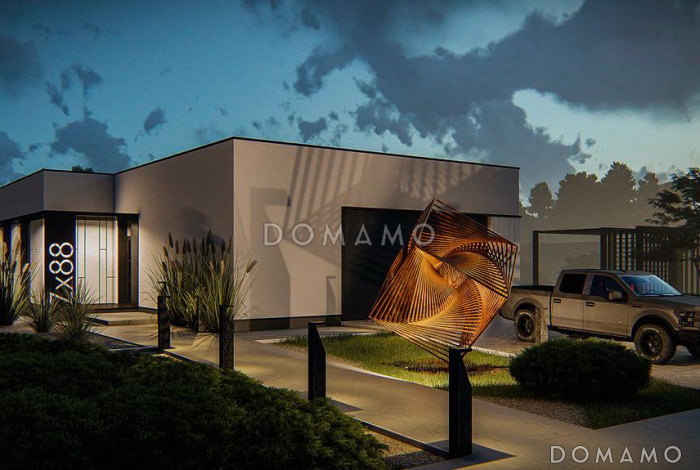 Проект одноэтажного дома из кирпича с просторной гостиной, мастер-спальней и гаражом на 2 машины