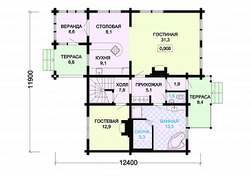 Проект деревянного дома с просторными кладовыми на цокольном этаже / План 1 этажа