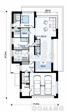 Проект кирпичного одноэтажного дома с плоской кровлей и гаражом на две машины / План 1 этажа