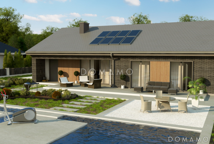 Проект загородного дома с гаражом на одну машину, кладовой на кухне, хозяйской спальней, просторной гостиной с выходом на террасу