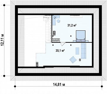 Проект современного дома с мансардным этажом, кладовой, душевой и сауной на первом этаже / План мансардного этажа