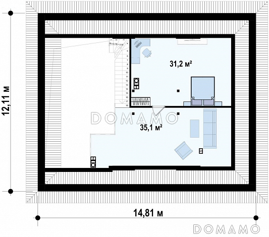 Проект современного дома с мансардным этажом, кладовой, душевой и сауной на первом этаже / План мансардного этажа