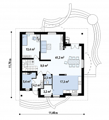 Проект одноэтажного мансардного дома из газобетона с двумя балконами и барбекю на террасе  / План 1 этажа
