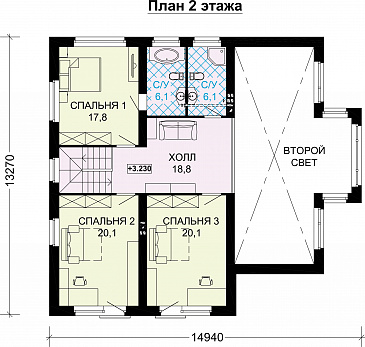 Проект дома из газобетона с панорамными окнами и натуральной черепицей / План мансардного этажа