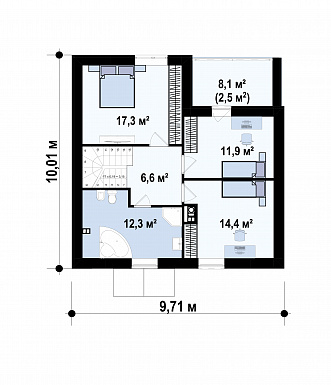 Проект загородного дома с камином, просторной гостиной, балконом, большой ванной с окном / План мансардного этажа