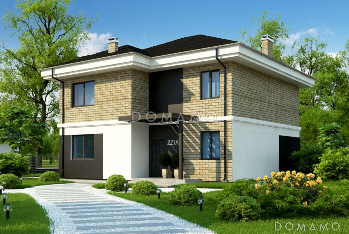 Проект современного двухэтажного дома из кирпича с четырьмя комнатами, большим тех помещением и балконом