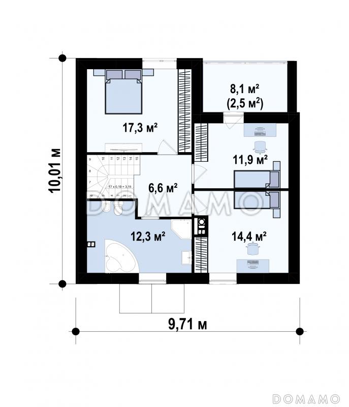 Проект загородного дома с камином, просторной гостиной, балконом, большой ванной с окном / План мансардного этажа