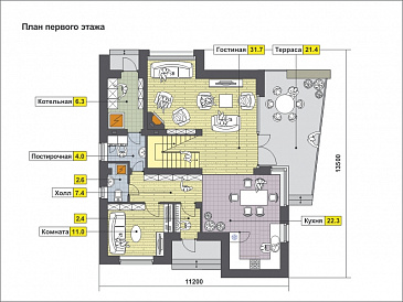 Проект загородного дома из SIP панелей с косой крышей, открытой террасой, двумя балконами, панорамными окнами / План 1 этажа