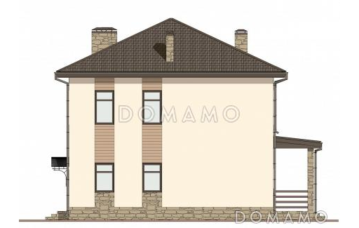 Проект двухэтажного дома с тремя спальнями наверху и одной внизу, крытой террасой и котельной / Фасад 3