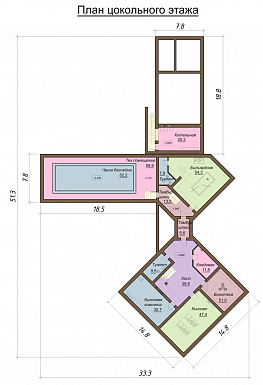 Проект большого двухэтажного дома с цокольным этажом, гаражом на три автомобиля, бассейном и зимним садом / План цокольного этажа