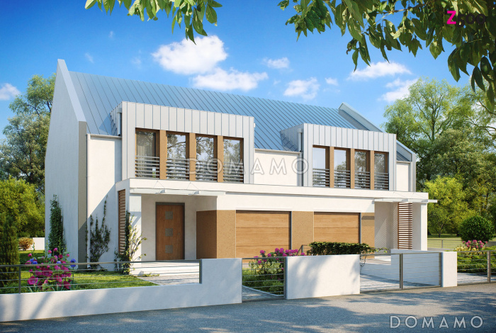 Проект современных мансардных домов-близнецов из кирпича с гаражом, тремя спальнями и красивым слуховым окном и балконом