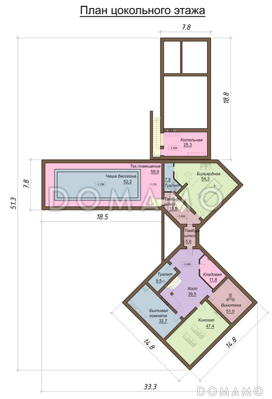 Проект большого двухэтажного дома с цокольным этажом, гаражом на три автомобиля, бассейном и зимним садом / План цокольного этажа