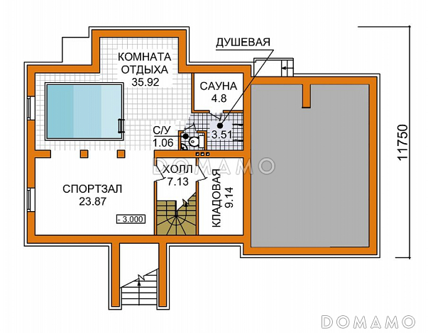 Проект дома из пеноблоков с бассейном, спортзалом и небольшой сауной / План цокольного этажа
