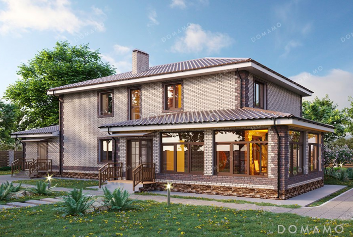 Проект дома с просторной верандой и гаражом