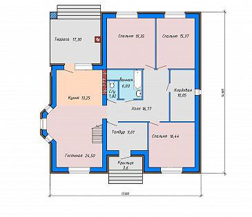 Проект одноэтажного дома с эркером в гостиной, крытой террасой с камином, большой кладовой с окном / План 1 этажа