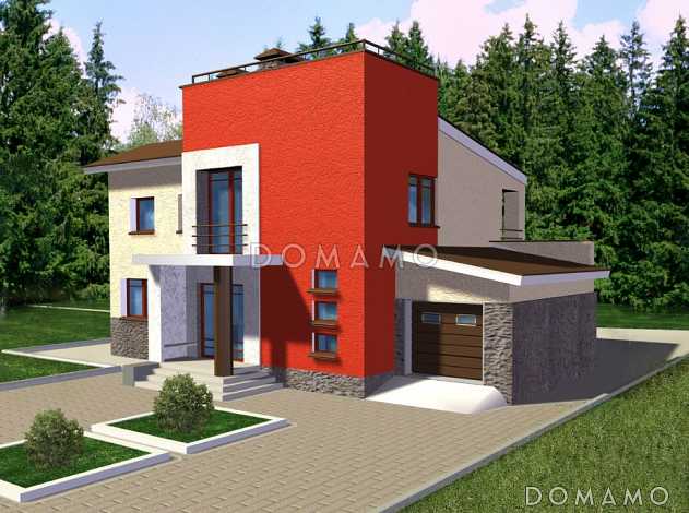 Проект двухэтажного дома из пеноблоков с гаражом и большой крытой террасой