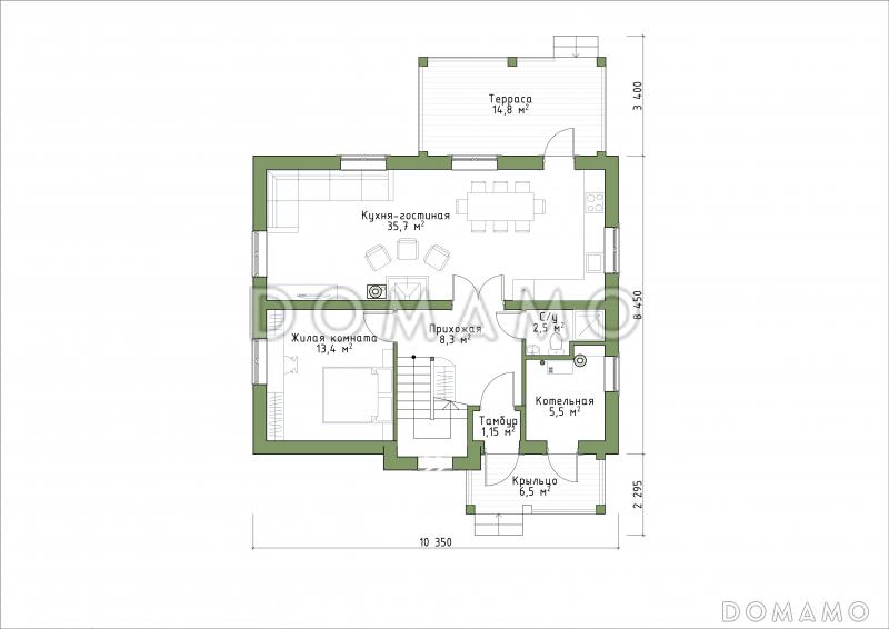 Проект коттеджа с просторной кухней-гостиной и террасой. / План 1 этажа