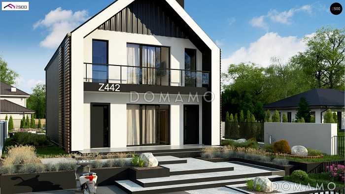 Проект современного двухэтажного дома из кирпича с кабинетом для узкого участка