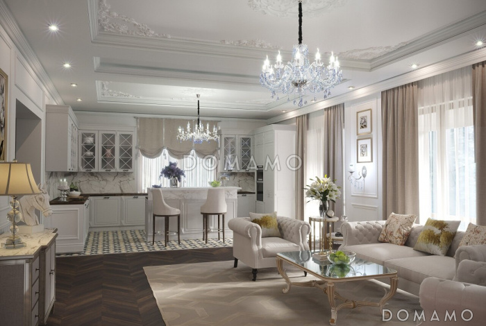 Проект двухэтажного дома из пеноблоков с выходом на террасу из просторной гостиной