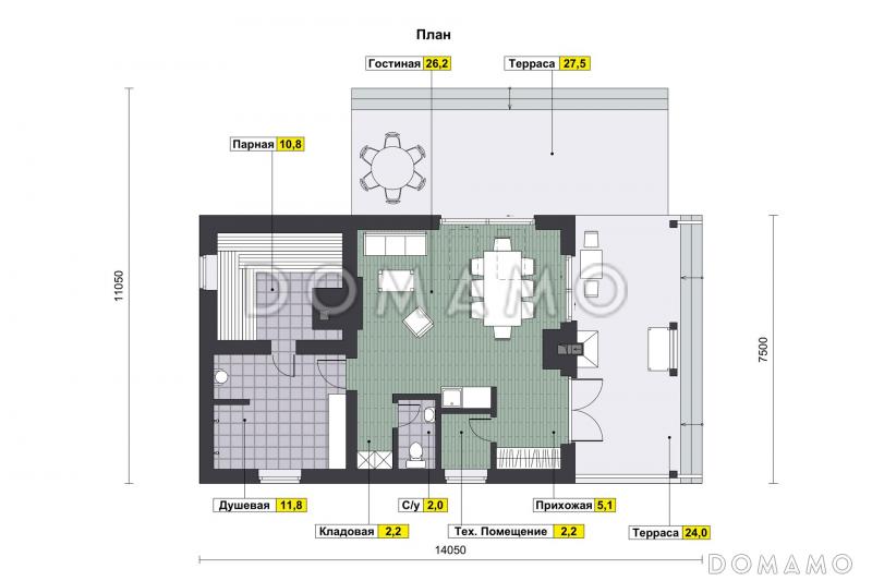 Проект бани из газобетона с барбекю на террасе / План 1 этажа