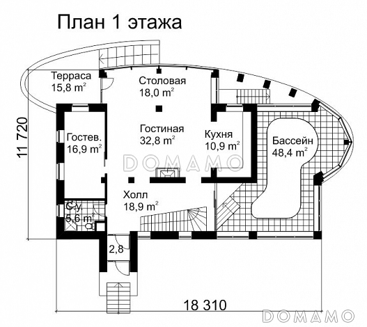 Проект современного дома из кирпича с панорамным остеклением / План 1 этажа