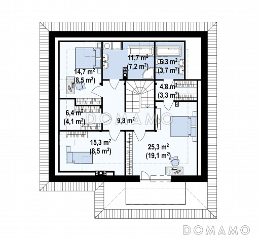 Проект мансардного дома из кирпича с четырьмя спальнями, необычным мансардным окном и гаражом / План мансардного этажа