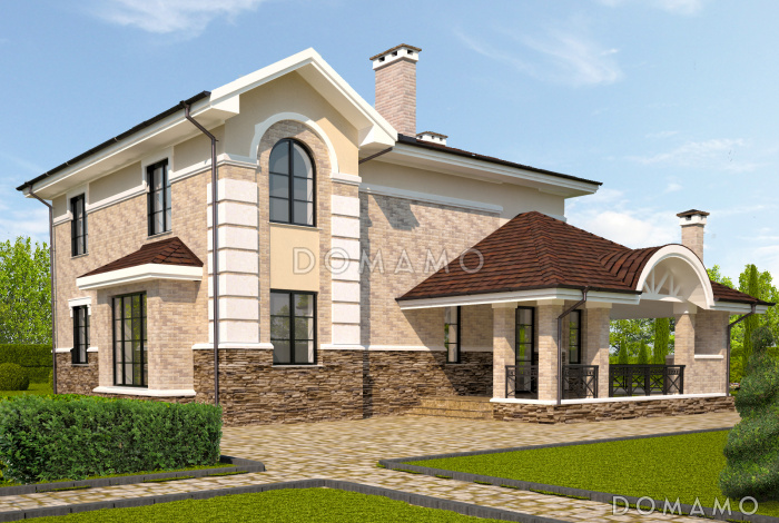 Проект дома с крытой террасой с камином, просторной кухней-столовой, гостиной с камином, сауной на втором этаже