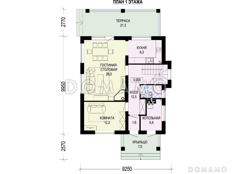 Проект двухэтажного дома с террасой, отдельным входом в котельную, хозяйской спальней с ванной / План 1 этажа