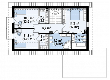 Проект одноэтажного мансардного дома из кирпича с кабинетом, балконом и гаражом / План мансардного этажа