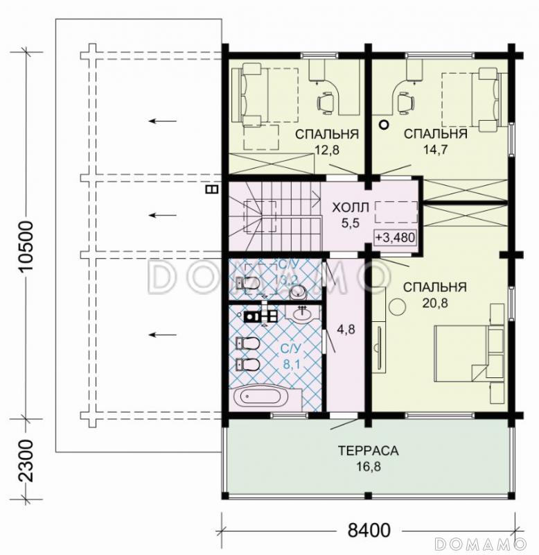 Проект комфортабельного дома из бруса с гаражом и изящной террасой / План мансардного этажа