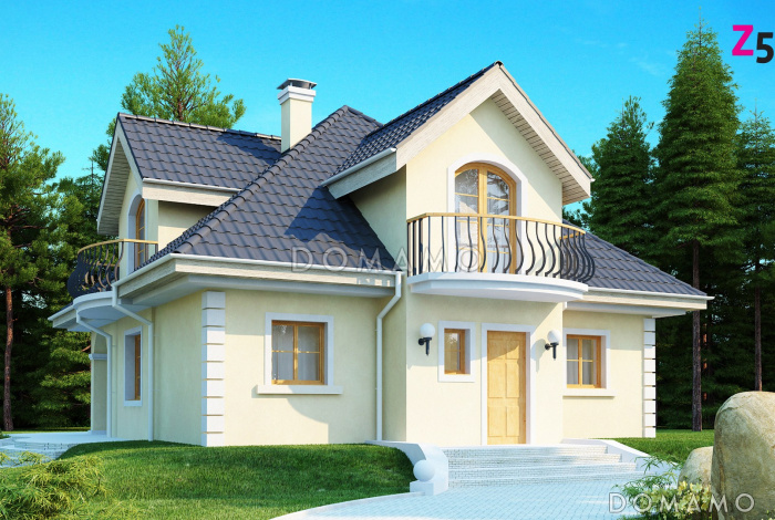 Проект классического одноэтажного мансардного дома из кирпича с кабинетом, хозяйственным помещением и с балконами в каждой из трёх спален