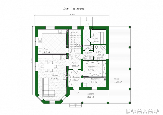 Проект дома из газобетона с эркером и навесом для автомобиля / План 1 этажа