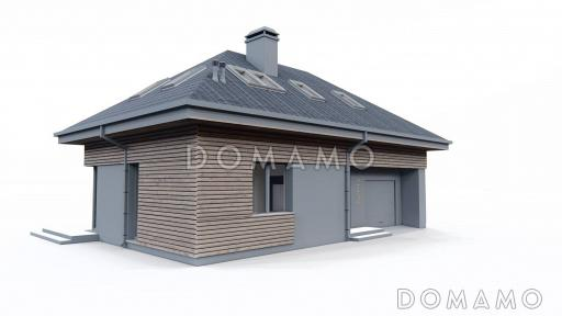 Проект комфортного одноэтажного загородного дома с мансардой, гаражом, санузлом на первом этаже, просторной дневной зоной / Фасад 4