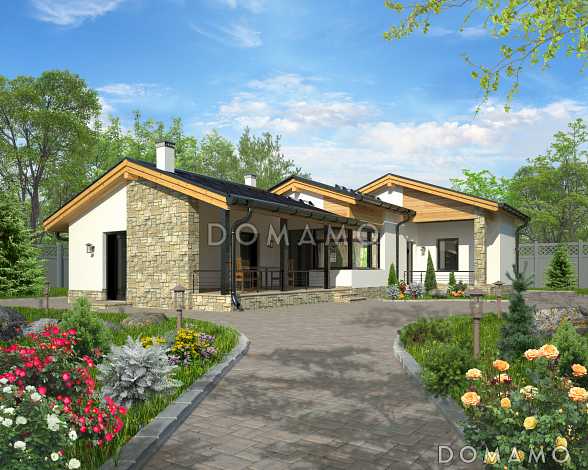 Проект одноэтажного дома по технологии ЛСТК с крытой террасой с барбекю, кладовой, хозблоком, гостиной с камином, парной и комнатой отдыха