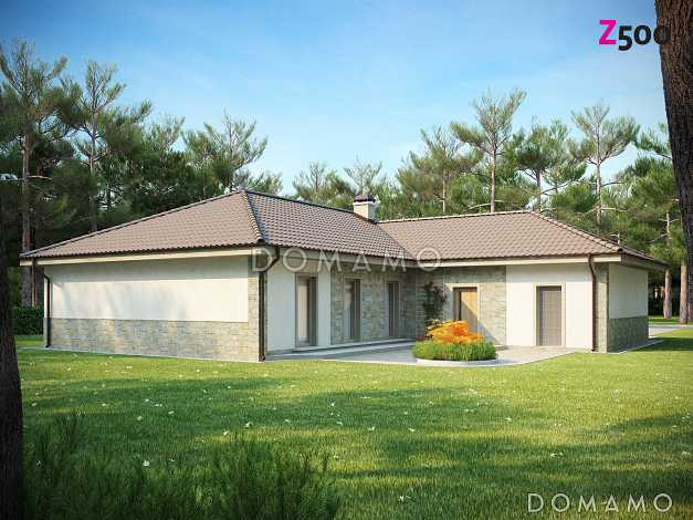 Проект просторного одноэтажного дома из кирпич с тремя спальнями, большой гардеробной и гаражом на два автомобиля