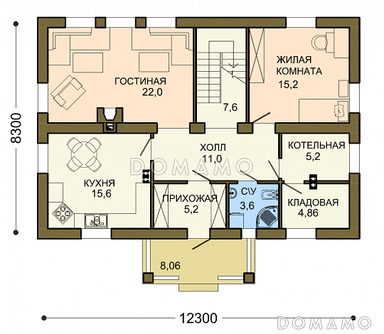 Проект лаконичного мансардного дома со строгой отделкой / План 1 этажа