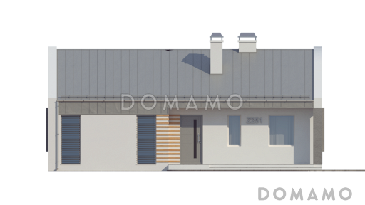 Проект одноэтажного дома из кирпича с современными элементами дизайна, с двумя спальнями и просторной дневной зоной / Фасад 3