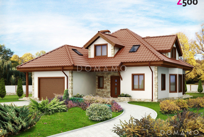 Проект просторного одноэтажного мансардного дома из кирпича с кабинетом, эркером и гаражом