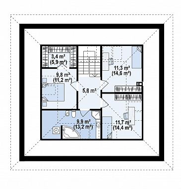 Проект загородного дома с мансардой, гаражом на одну машину, кладовой под лестницей / План мансардного этажа