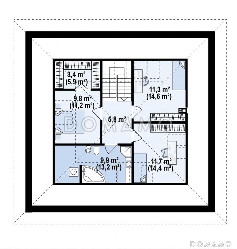 Проект загородного дома с мансардой, гаражом на одну машину, кладовой под лестницей / План мансардного этажа