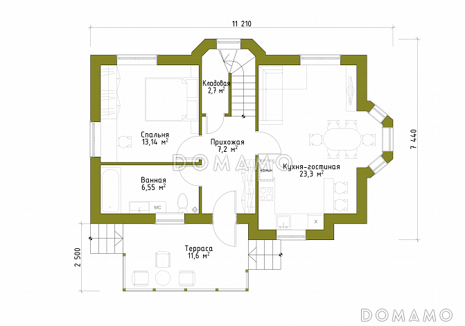 Проект небольшого дома из газобетона с большим крыльцом и эркером. / План 1 этажа