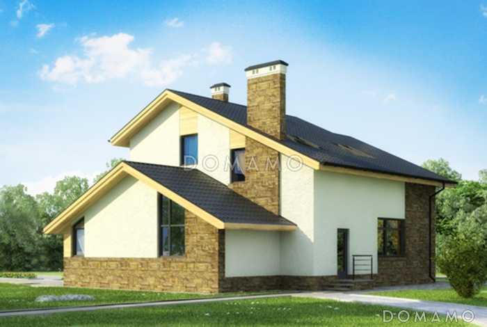 Проект светлого дома с бильярдной и спортзалом в цокольном этаже,  длинным балконом,  панорамными окнами в спальне на мансарде