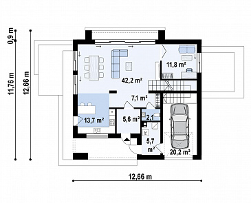 Проект загородного дома с мансардным этажом, гаражом, кабинетом и просторной гостиной / План 1 этажа