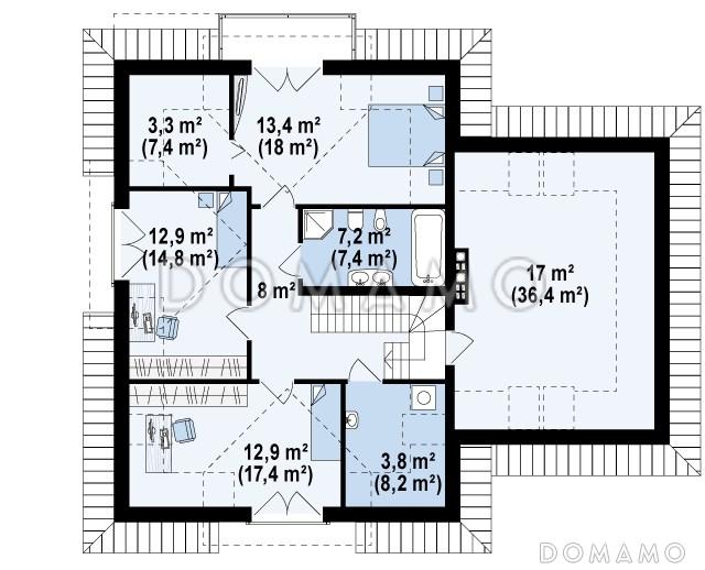 Проект одноэтажного мансардного дома из газобетона с кабинетом, гаражом и комнатой над гаражом / План мансардного этажа