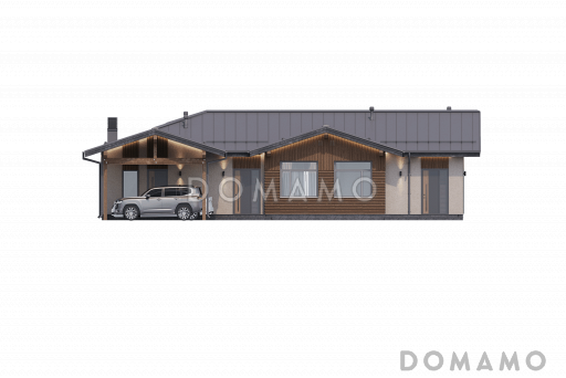 Проект одноэтажного дома из кирпича с крытой зоной для барбекю, навесом для двух машин, просторной дневной зоной и тремя спальнями / Фасад 2