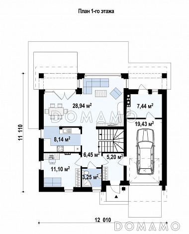 Проект одноэтажного мансардного коттеджа из газобетона с большой площадью остекления в гостиной, кабинетом и гаражом, для сейсмических районов  / План 1 этажа