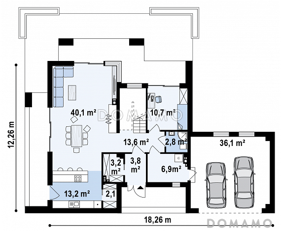 Проект современного двухэтажного дома из газобетона с пятью спальнями, с гаражом для двух автомобилей и террасами на обоих уровнях / План 1 этажа